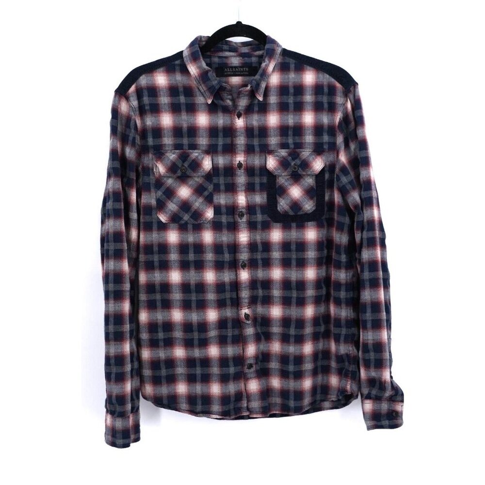 All Saints Shirt Men Medium M Plaid Corduroy Accent Cottonโ Button Down Flannel